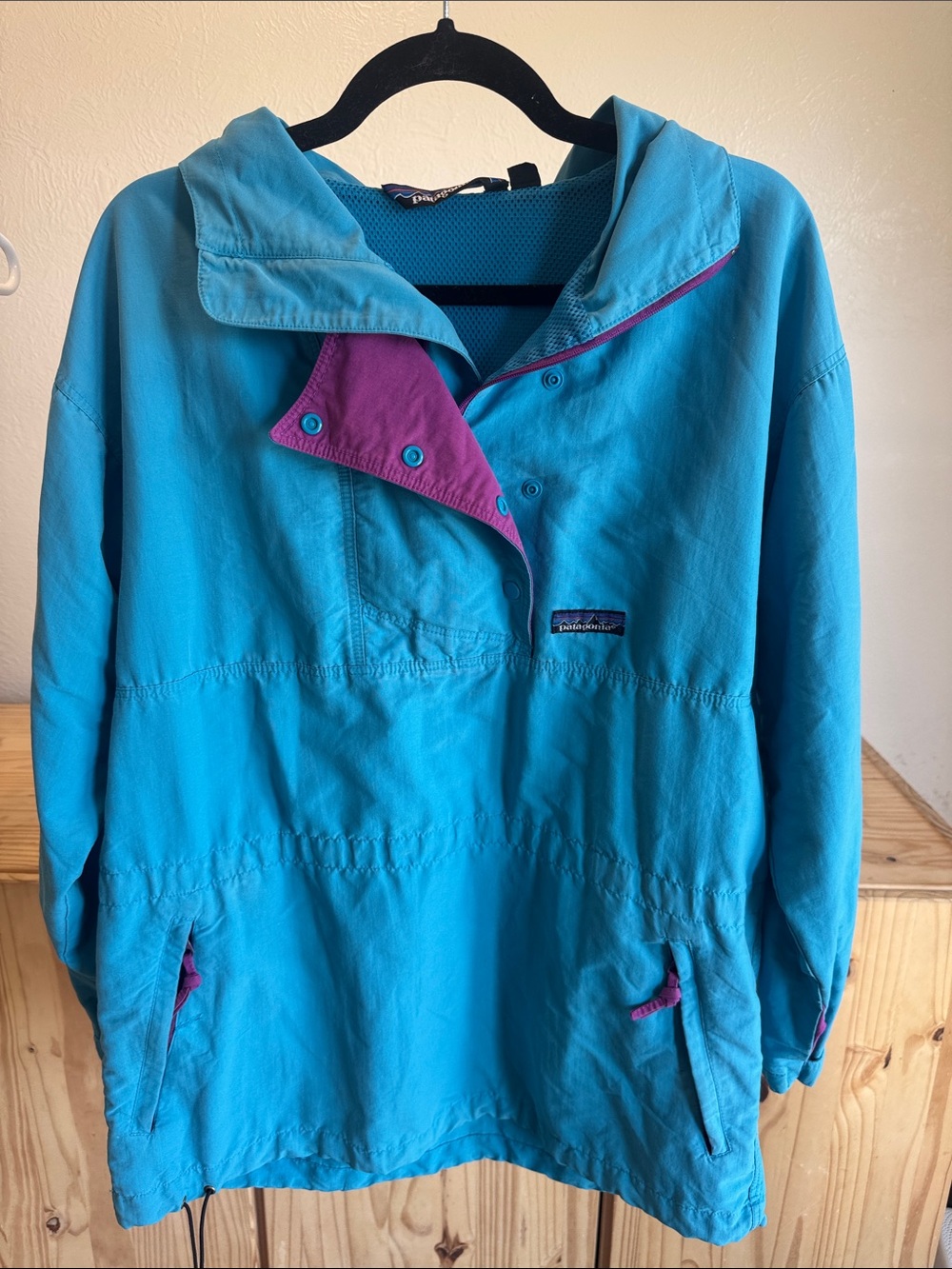 Patagonia Bright Teal Hooded Pullover Jacket with Purple Accents